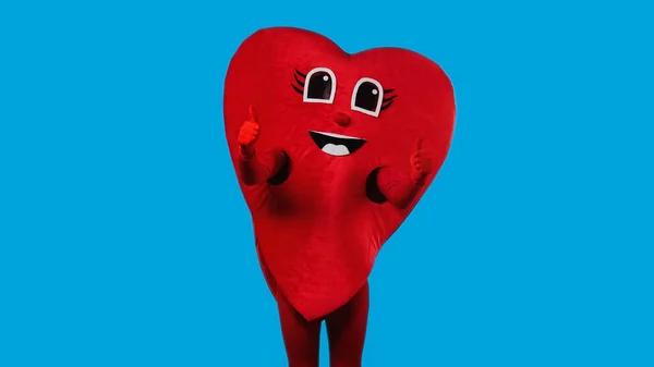 Person in pleased heart costume showing thumbs up isolated on blue — Fotografia de Stock