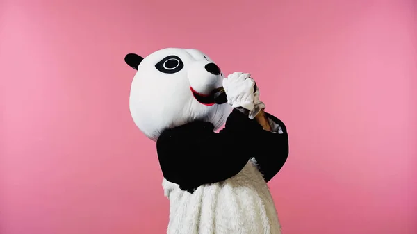 Людина в костюмі ведмедя панди п'є вино ізольовано на рожевому — стокове фото