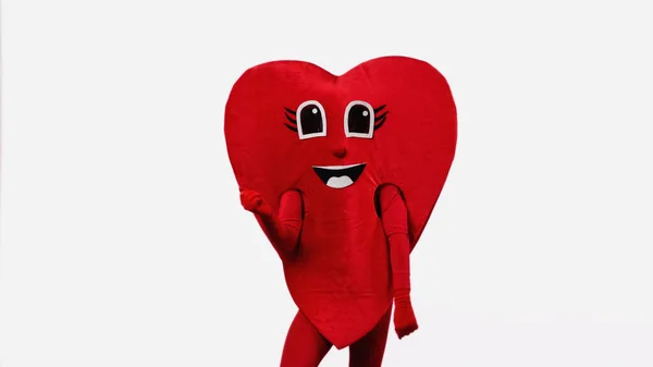 Personne en costume de coeur rouge heureux dansant isolé sur blanc — Photo de stock