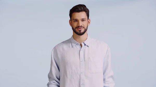 Bearded man in shirt looking at camera isolated on blue — Stock Photo