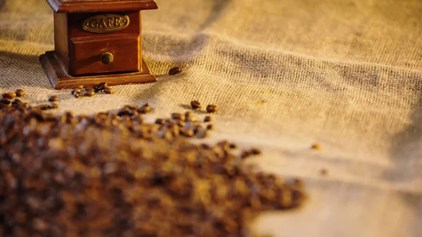 Macinino da caffè vintage con scritta caffè vicino ai chicchi di caffè — Foto stock