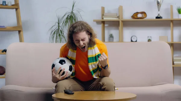 Fanático del fútbol lleno de alegría gritando y mostrando gesto de victoria mientras está sentado en el sofá con pelota de fútbol - foto de stock