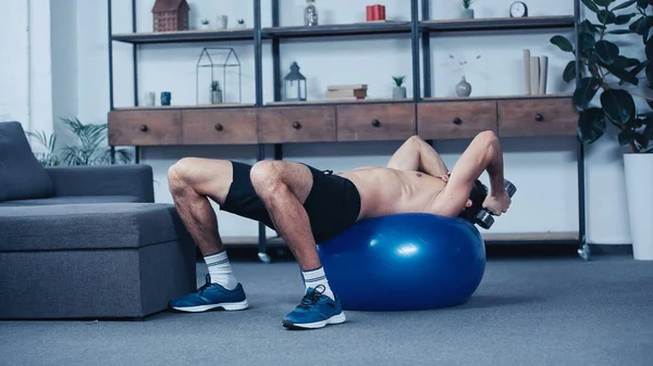 Shirtless sportsman training with dumbbell on fitness ball at home — Foto stock