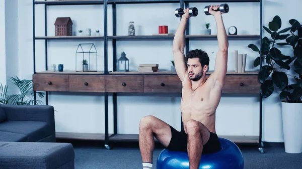 Young sportsman holding heavy dumbbells above head and sitting on fitness ball at home — Foto stock
