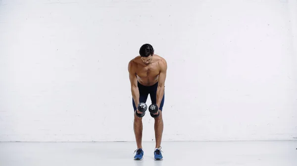 Longitud completa de hombre deportivo en pantalones cortos que trabajan con pesadas mancuernas contra la pared de ladrillo blanco - foto de stock