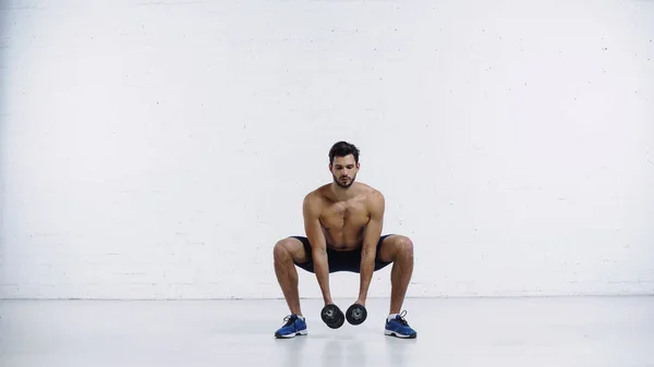 Full length of sportive and shirtless man in shorts and sneakers squatting with dumbbells against white brick wall — Fotografia de Stock