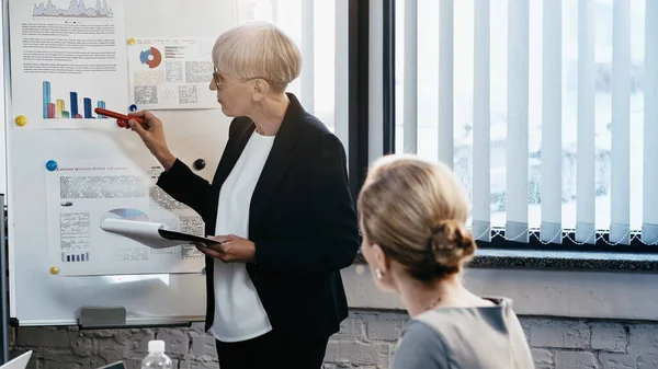 Reife Geschäftsfrau hält Klemmbrett und zeigt auf Flipchart neben Bürokollegin — Stockfoto