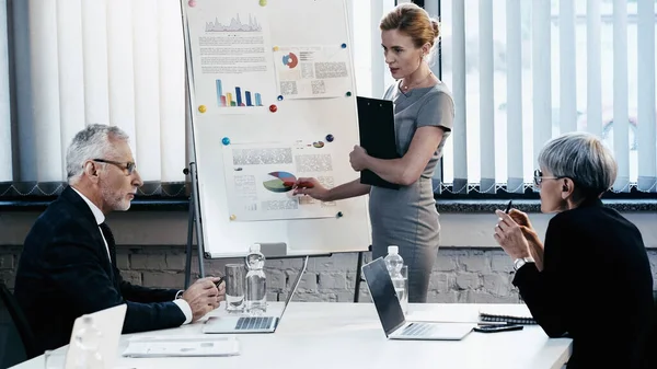 Businesswoman with clipboard talking near flip chart and managers in office — Stock Photo