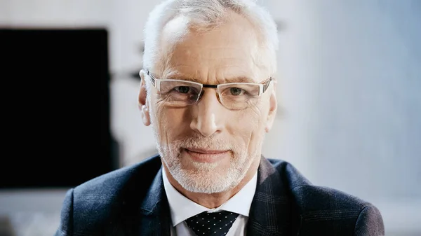 Mature businessman in suit and eyeglasses looking at camera in office — Stock Photo