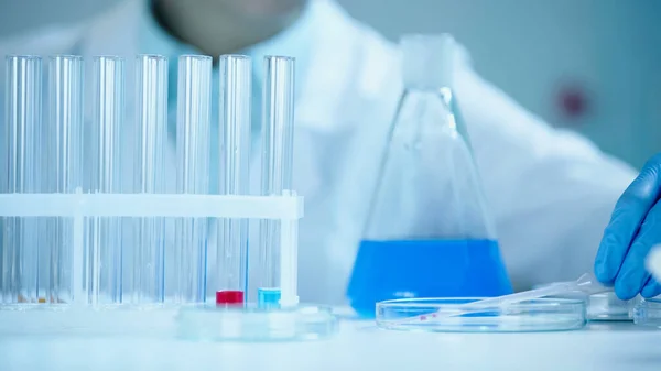 Partial view of blurred scientist in latex glove taking pipette on petri dish in laboratory — Stockfoto