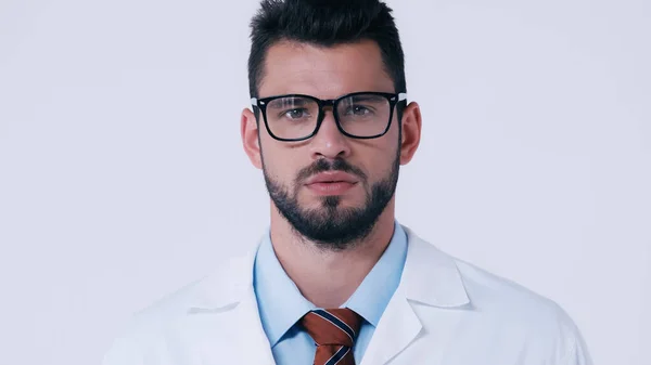 Серьезный молодой врач в белом халате и очках, смотрящий на камеру, изолированную на сером — стоковое фото