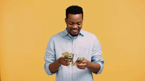 Homem americano africano feliz contando notas de dólar isoladas em amarelo — Fotografia de Stock