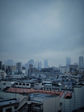 Overview of suburbs of Tokyo. Vertical view of the Japanese capital. Dramatic scene of Tokyo in a cloudy morning. Industry and agglomerations of buildings.