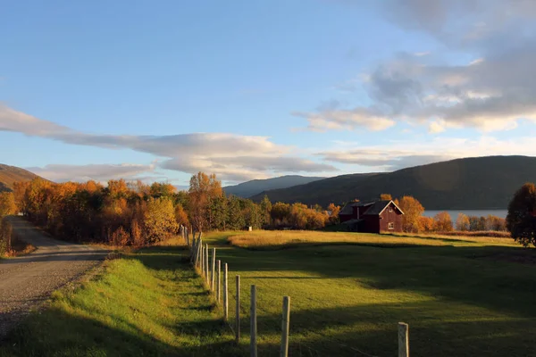 Panorama of the Norwegian countryside.Sunset of a field near the fjords of northern Norway.