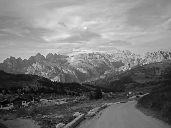 A breathtaking view of the Trentino Alto Adige Alps. Black and white photograph of the Sassolungo mountain range.