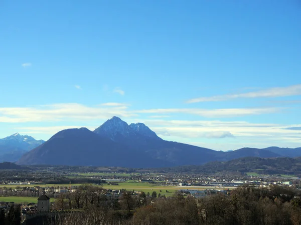Panorama of the Austrian countryside near Salzburg.Plains and mountains on a sunny day.