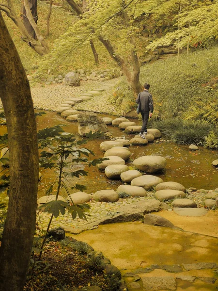 Boy Walks Stones Japanese Park Idyllic Scene European Tourist Walking — Zdjęcie stockowe