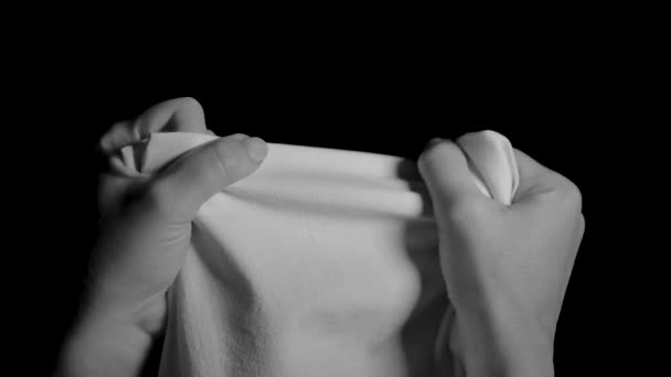 Hands Try Tear White Cloth Dramatic Black White Scene Hands — Stockvideo