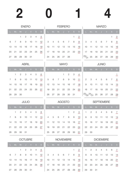 Calendrier 2014 Espagnol — Image vectorielle