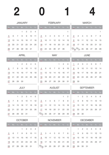 Calendario 2014 Inglés — Archivo Imágenes Vectoriales