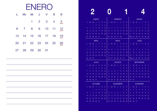 Calendrier espagnol 2014 Enero — Image vectorielle