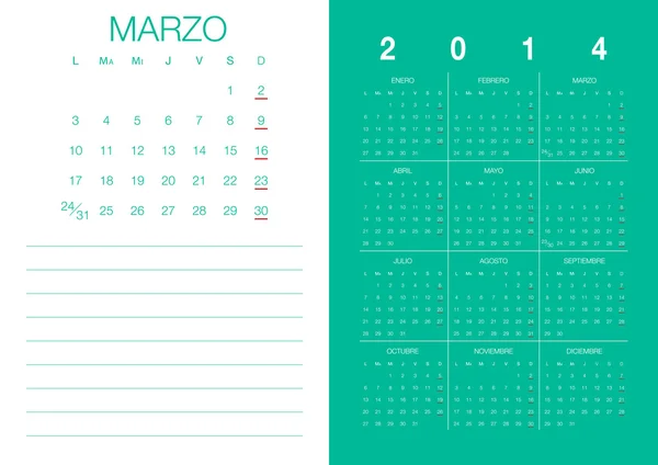 Calendário Espanhol 2014 Marzo — Vetor de Stock