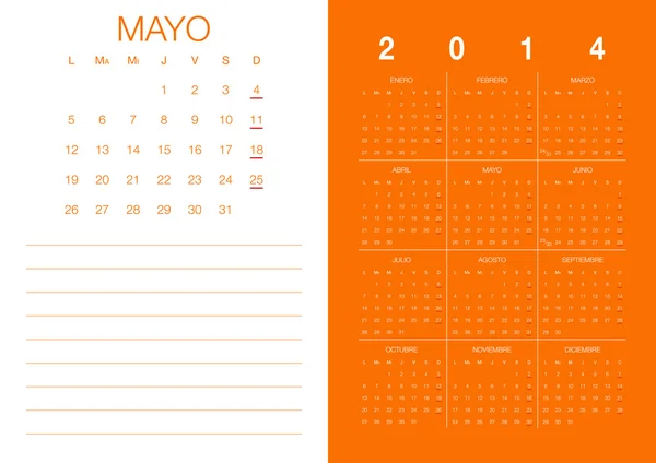 Calendrier espagnol 2014 Mayo — Image vectorielle