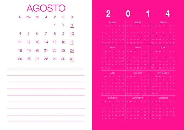 Calendrier espagnol 2014 Agosto — Image vectorielle