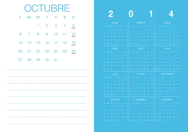 Calendrier espagnol 2014 Octubre — Image vectorielle