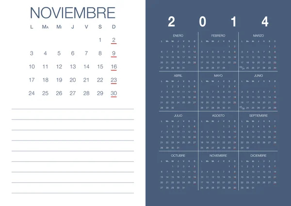 Calendrier espagnol 2014 Noviembre — Image vectorielle