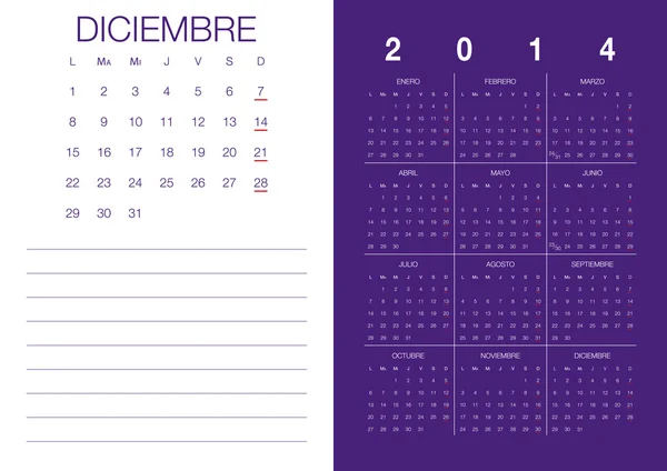 Calendrier espagnol 2014 Diciembre — Image vectorielle