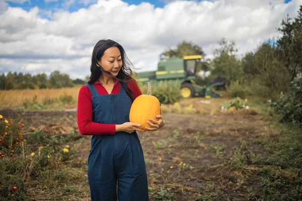 Bonito Jovem Ásia Menina Agricultor Outono Abóbora Patch Fundo Divertindo — Fotografia de Stock