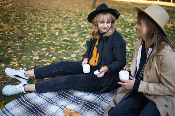 Hermosos Amigos Pasando Tiempo Una Manta Picnic Hierba Dos Jóvenes —  Fotos de Stock