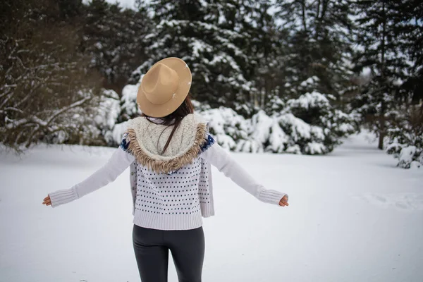 Щасливий Зимовий Час Добре Одягнена Жінка Насолоджується Зимою — стокове фото