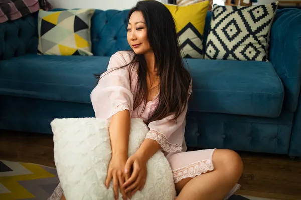 Pleasant Smiling Asian Woman Relaxing Cozy Coach Modern Living Room — Stock Photo, Image