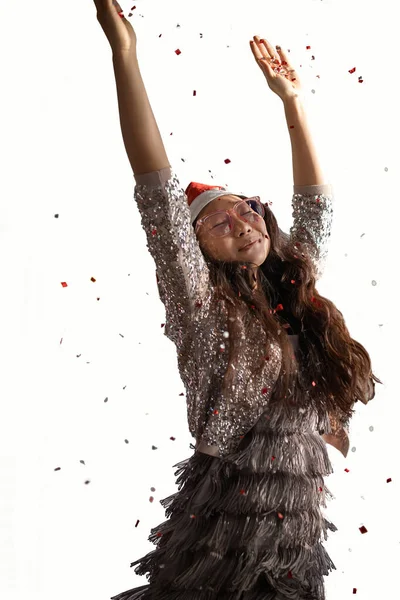 Happy Asian Woman Festive Party Confetti Falling All Her Christmas — Stock Photo, Image