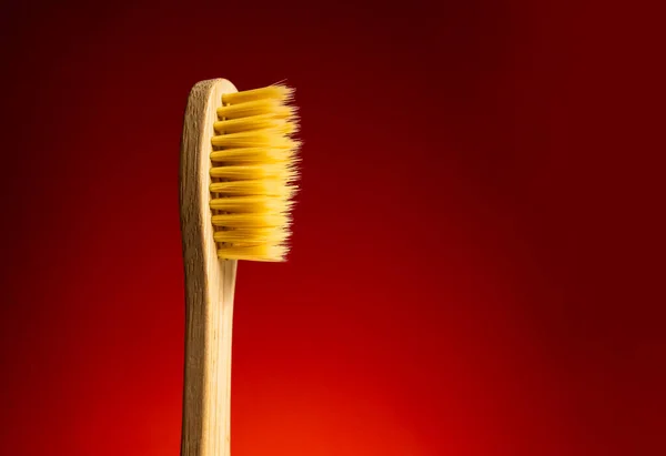 Bamboo Toothbrush White Cotton Towel Red Background Biodegradable Personal Care — Stock Photo, Image