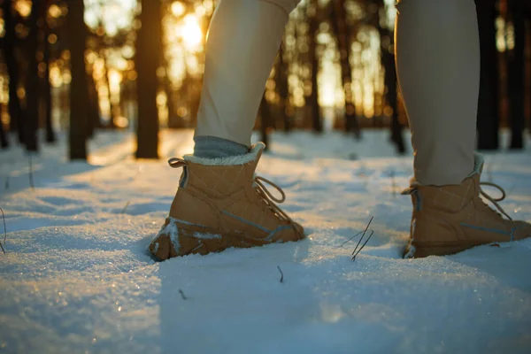 女孩子们在冬天徒步旅行 他们的腿和鞋子都是在冰雪覆盖的地方 森林里闪烁着太阳 — 图库照片