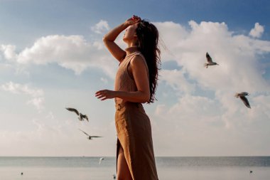 Asyalı kadın, kumsalda ve adada günbatımında kuşların soyut arka planda uçmasıyla el kaldırıyor. Özgürlük ve seyahat macera konsepti.