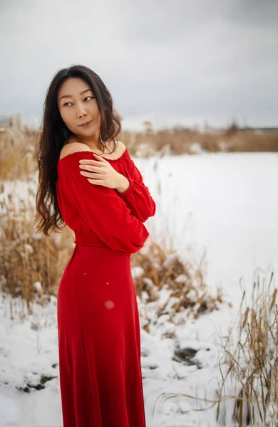 Young Beautiful Asian Woman Long Red Dress Reeds Winter Background — стоковое фото