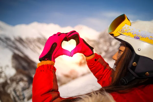 Happy Young Asian Woman Hiking Snowy Mountain Sunset Doing Heart Royalty Free Stock Photos