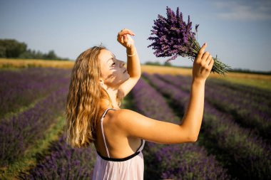 Güneşin altında bahar veya yaz lavanta tarlalarında rahatlatıcı taze lavanta buketleri tutan güzel bir manken..