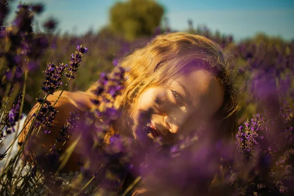 薰衣草田里的美女美丽的金发女子日落时在薰衣草地里 软焦点 — 图库照片