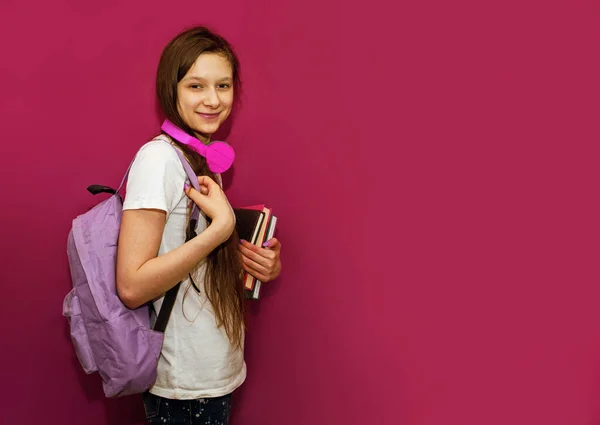 Smiling Little Blonde Kid Girl Years Old Backpack Hold Books — Foto Stock