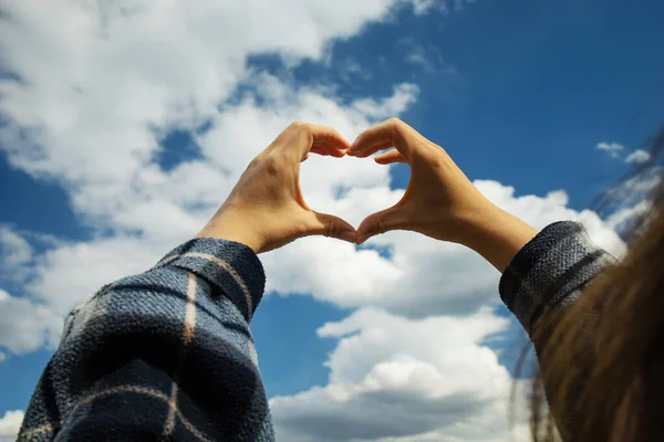 Girl Hand Heart Shaped Love Blue Sky — Photo