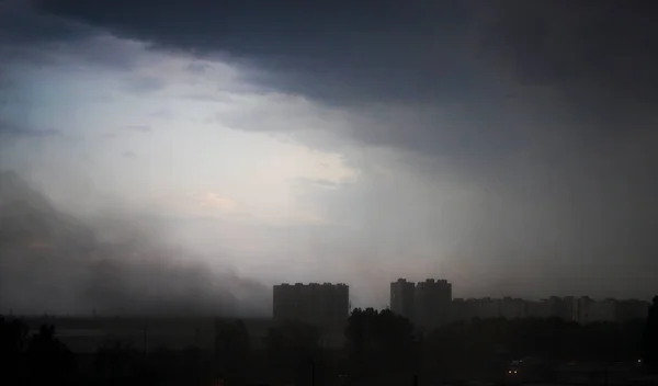 Terrifying Dark Thunderstorm City Ukraine Dust Smoke Night — Photo