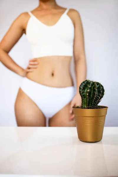 Niña Sostiene Cactus Grande Ingle Zona Del Bikini Concepto Higiene — Foto de Stock