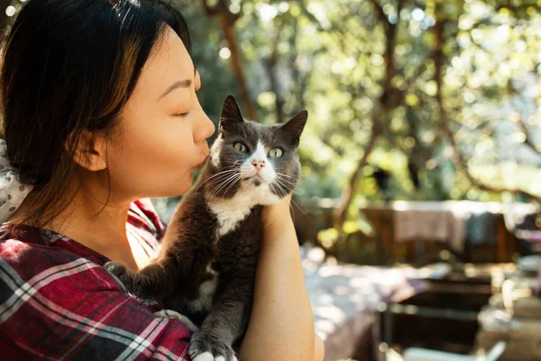アジアの女性は灰色の猫とキス 屋外肖像画 — ストック写真