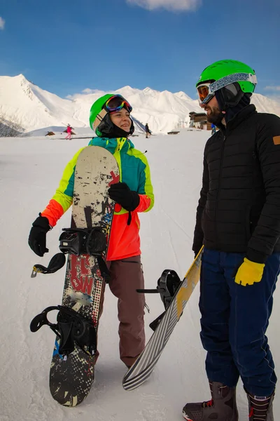 Ski Snowboard Cool Male Female Snowboarders Alps Winter Holidays — Photo