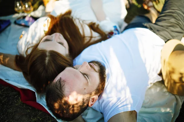 Handsome Man Red Head Woman Lying Fresh Lavender Field Enjoying — Φωτογραφία Αρχείου